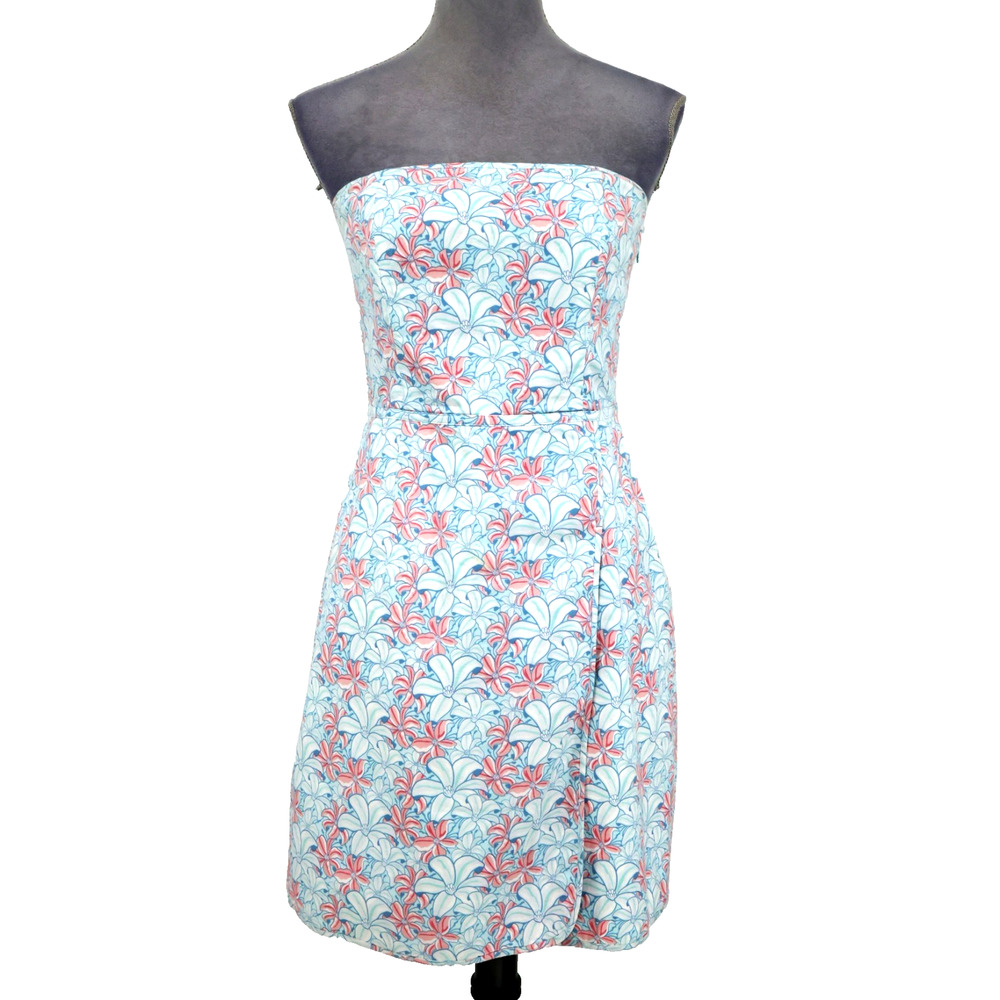 Vineyard Vines Dress Womens 8 White Blue Pink Floral Cotton Strapless Zip